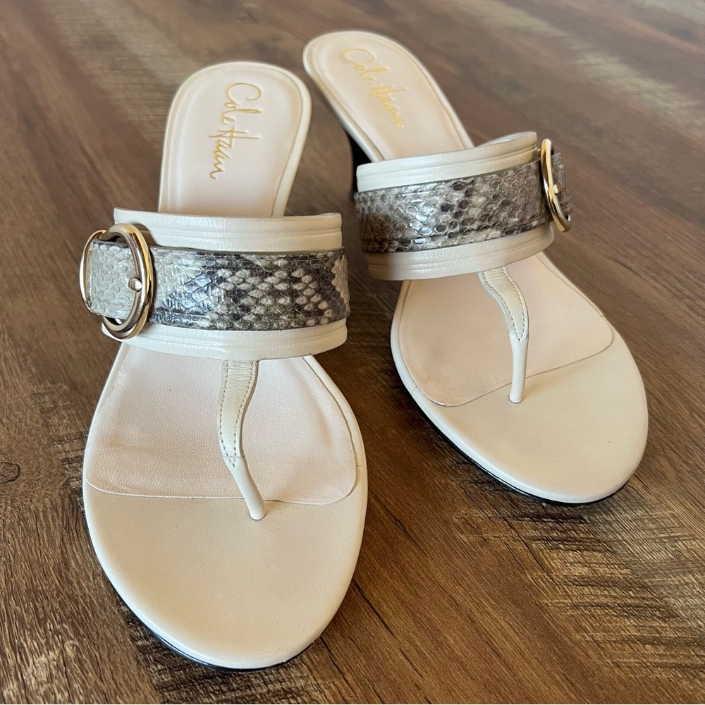 Cole Haan Ivory Kitten Heel Sandals Size 7.5 snakeskin accent and buckle.